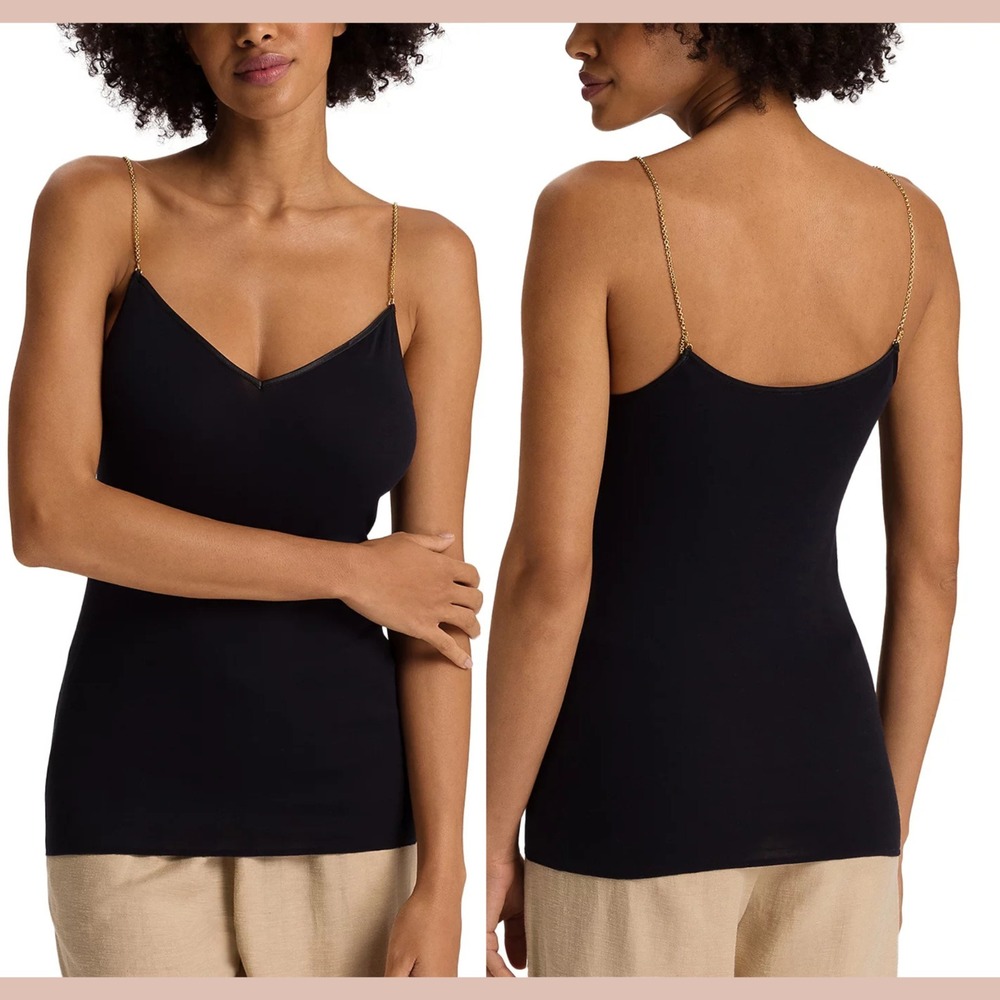 NWT $140 Hanro [ Large ] Cotton Seamless Spaghetti Camisole Tank in Black #u1566